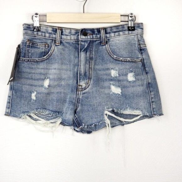 NWT Momokrom Cut Off High Rise 90's Style Distressed Denim Jean Shorts US SZ 6 - Picture 1 of 5